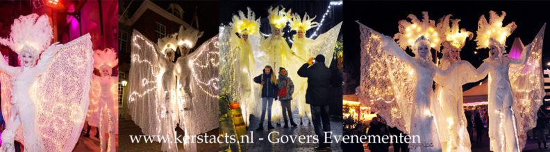 Kerst- en winterentertainment, kerst steltenlopers, Winters wit, winterentertainment, steltentheater, steltenact, steltenacts, wit op stelten, kerst op stelten, stelten straattheater, www.kerstacts.nl, Govers Evenementen