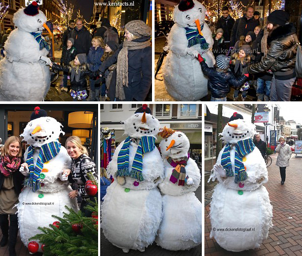De wandelende sneeuwpop animatie is Kerstentertainment voor jong en oud in de winkelstraat, winter, wit, winters entertainment, www.kerstacts.nl