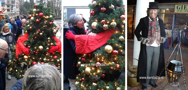 Wandelende Kerstboom, Deze acteur is heel breed inzetbaar voor uw Kerst- of winkelcentrum, ook als Dickens Scrooge figuur met warme kastanjes, www.kerstacts.nl