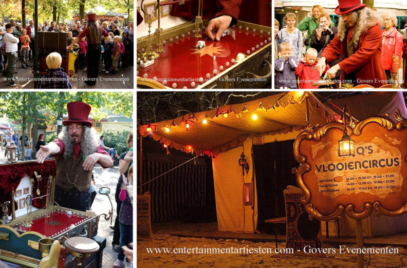 Nostalgische vlooiencircus. Stapt U terug in de tijd en neem een kijkje bij het kleinste circus ter wereld, Levende Kerststal verhuur, kerst entertainment, kerst artiesten, kerstfeest, themafeest, straattheater, www.kerstacts.nl