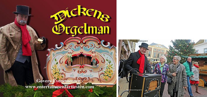 Dickens muziek, draaiorgel, kerstmuziek, kerstmuzikanten, orgelman voor kerst thema, www.kerstacts.nl