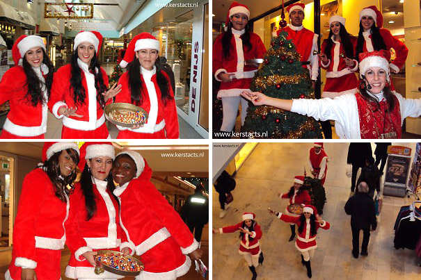 Kerst catering, winterentertainment Govers Evenementen, Kerstacts.nl, Culinair entertainment, Mobiele Swingende Kerstmeisjes in winkelcentrum met rollende kerstboom !!!