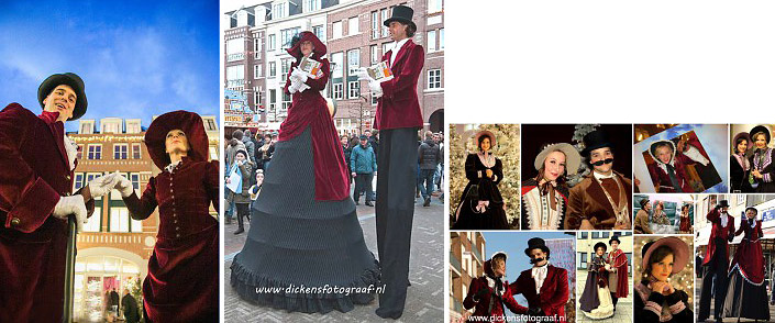 Steltenlopers met kleding uit de 19e eeuw als Charles Dickens Entertainment, steltenact, steltentheater, Charles Dickens Entertainment, artiesten boeken, kerst, kerstentertainment, steltenlopers, www.kerstacts.nl