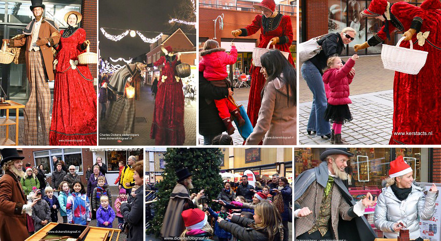 Dickensgoochelaar + Dickensvrouw op stelten verzorgen leuk kerstentertainment in de decembermaand, www.kerstacts.nl