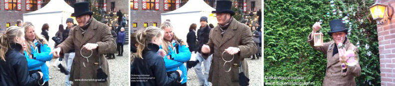 Straatgoochelaar als Charles Dickens Entertainment voor kerstmarkt of kerstbraderie, www.kerstacts.nl