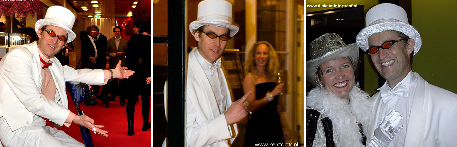 De witte Kerst gastheer, acteur met humor in wit kostuum speelt diverse kerst entertainment acts, www.kerstacts.nl