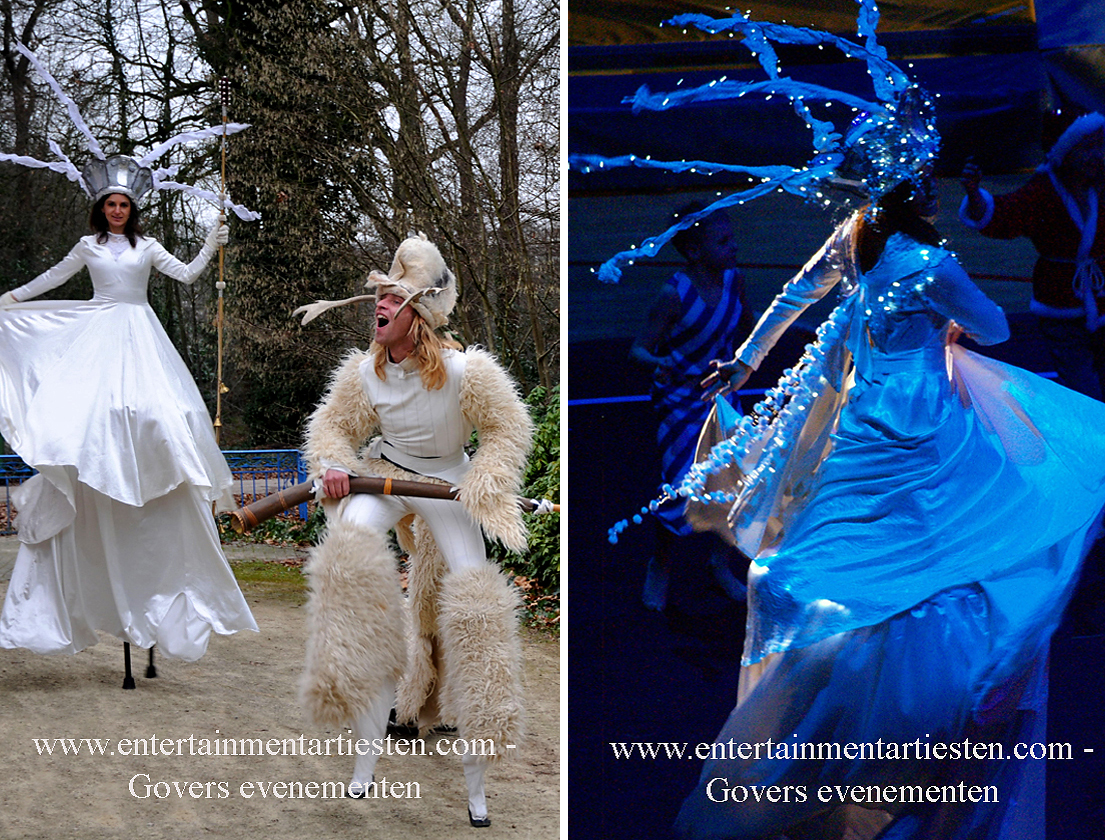 Steltenlopers steltentheater steltenact, Mystieke Stelten bos-act winterentertainment winter wit kerstacts