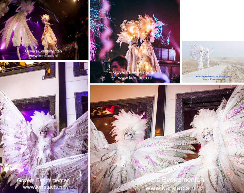 Winterentertainment, kerstacts.nl, kerst entertainment, steltenlopers, winterse stelten, kerstmuziek, steltentheater, kerst, sfeer, kerst op stelten, artiesten boeken, winters wit, artiestenbureau, kerst entertainment, duif, duif op stelten, witte winteracts, Govers Evenementen
