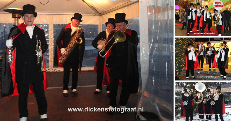 Dickens looporkest, kerstmuzikanten spelen op Charles Dickens evenement of kerstmarkt, www.kerstacts.nl