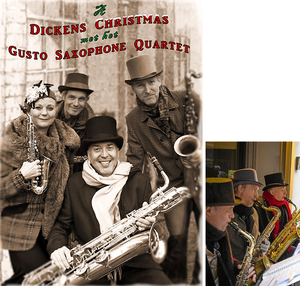 Dickens Christmas saxofoon orkest, muzikanten voor Charles Dickens evenement, kerstmuziek, www.kerstacts.nl