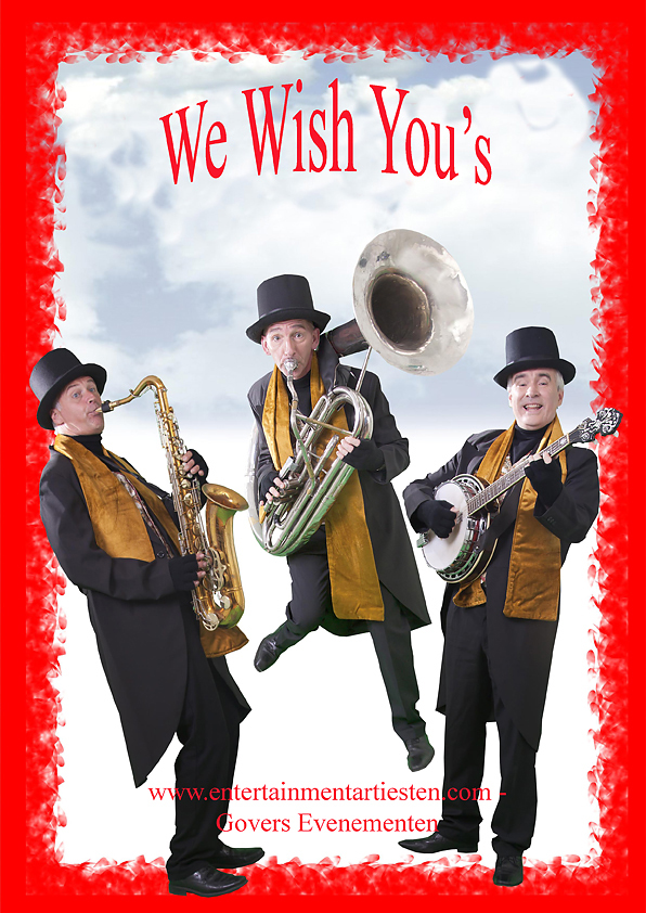 We Wish you's Kerstmuzikanten voor winkelcentrum, kerstbraderie of kerstmarkt, Dickens muzikanten, www.kerstacts.nl