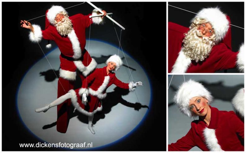 kerstact, kerstacts, kerst entertainment, kerstartiesten, kerstvermaak, winter entertainment, winteract, winteracts, kerstentertainment inhuren, Levende beelden van Kerstman & Marionette. Een mobiele, zeer visuele en interactieve winteranimatie. De marionettenspeler komt met zijn lievelingsspeeltje aangelopen.