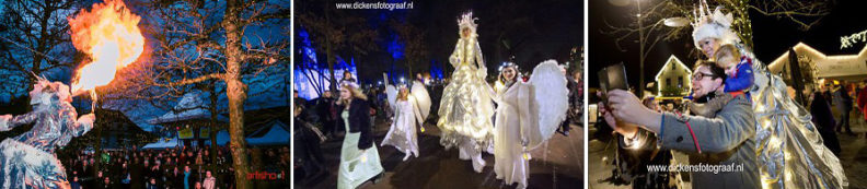 Steltenlopers steltentheater steltenact, Deze steltengel-vuurspuwster is een prachtige december winteract die menigeen doet genieten als zij 'hoog' door de kerst-straat passeert, www.kerstacts.nl
