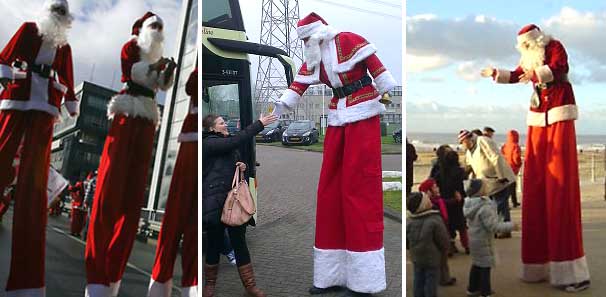 Kerstmannen op stelten, Steltenlopers - steltentheater -steltenact, winters entertainment, kerstman boeken, www.kerstacts.nl