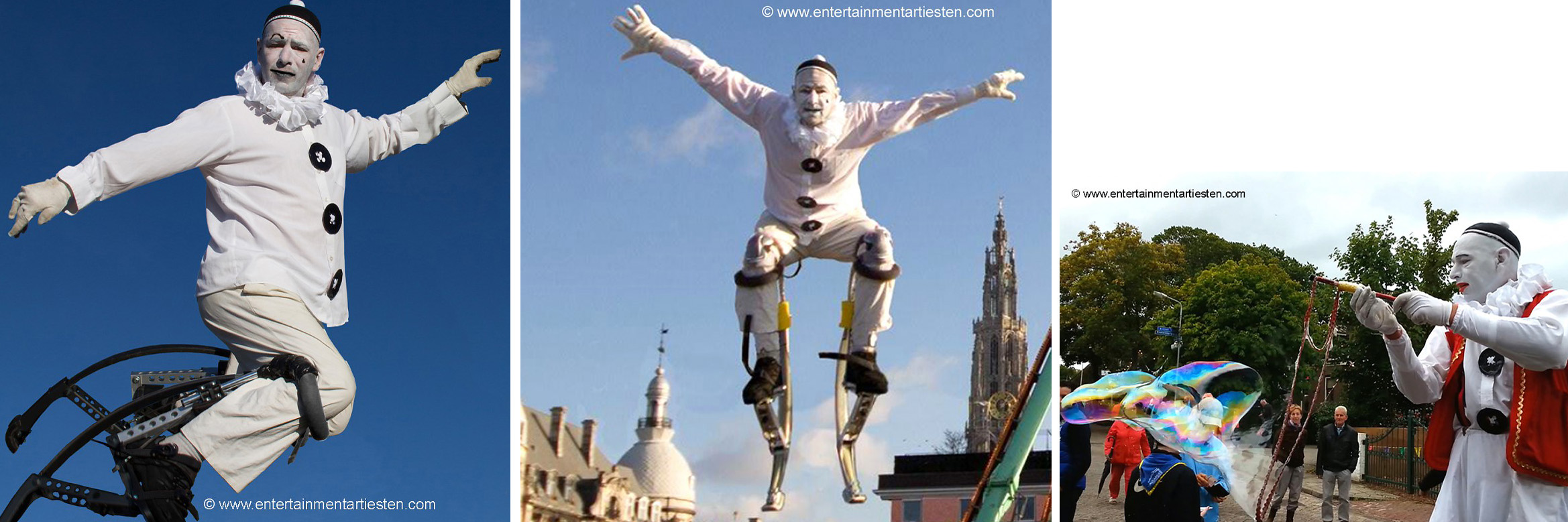 Steltenloper Clown Pierrot, een veelzijdige acrobaat-jongleur-entertainer, winter entertainment, kerst, kerst artiesten, artiesten boeken, straattheater, jongleur, www.kerstacts.nl