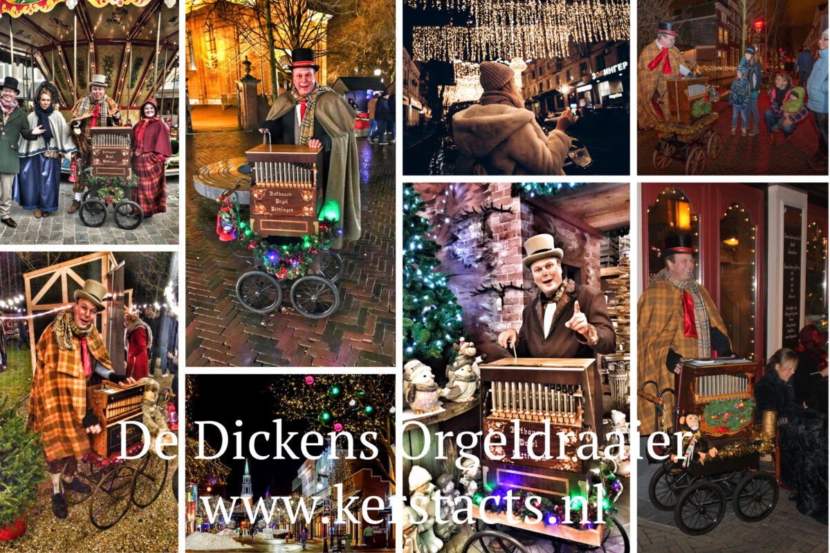 Dickens orgeldraaier. Deze in Dickens-stijl geklede orgeldraaier brengt een gemoedelijke muzikale sfeer in uw winkelcentrum of tijdens uw kerstbraderie, www.kerstacts.nl