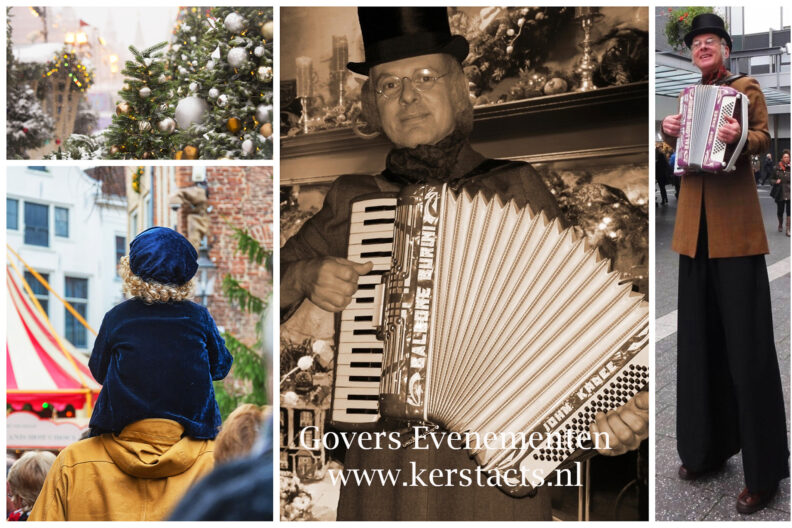 Dickens, muzikant op stelten, Dickens Accordeonist, kerstmuziek boeken, artiesten boeken, kerst straattheater, muzikanten, Govers Evenementen, www.kerstacts.nl