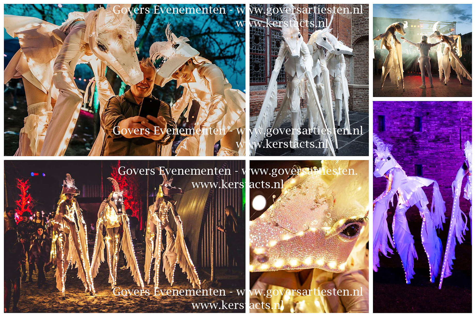 Verlichte Witte paarden, steltenact, verlicht entertainment, straattheater, steltenact, steltentheater, winterentertainment, wit entertainment, winter voorstelling, kerst entertainment, licht, verlicht, Govers Evenementen