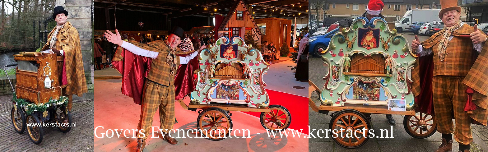 Kerstmuziek, kerstmuzikant, Dickens Draaiorgel huren, te boeken bij Govers Evenementen, www.kerstacts.nl