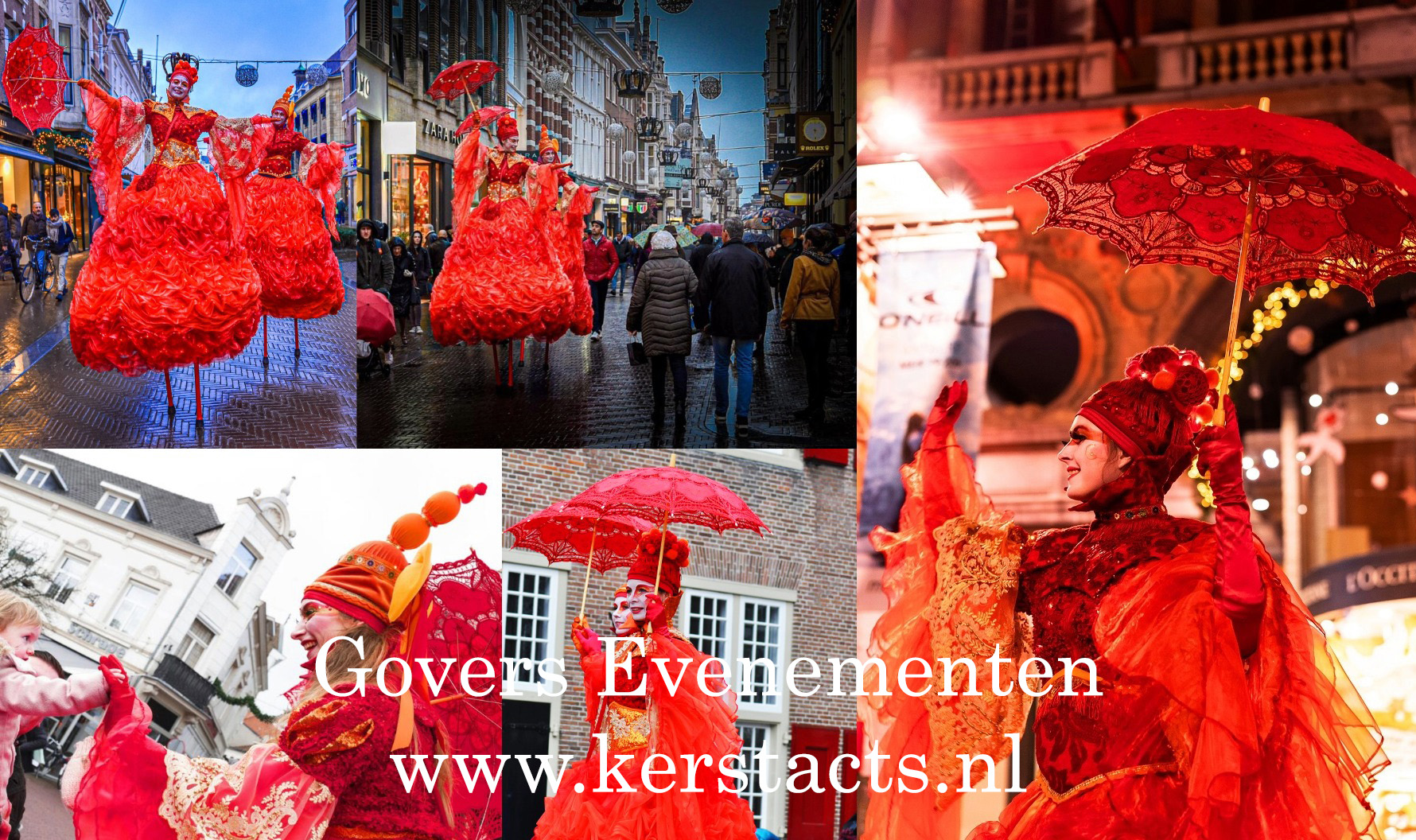 Kerstentertainment, kerst steltenact, steltenlopers, steltentheater, kerstacts, kerstact, kerstmis, Kerst evenementen, artiesten boeken voor kerst, kerstfeest, Red Christmas Queens, een bijzondere steltenact met muziekje, te boeken bij Govers Evenementen, www.kerstacts.nl
