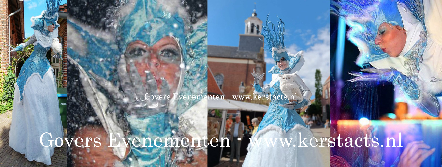 Winter steltenact, kerst steltenacts, steltenlopers, steltentheater, straattheater winters, Kerstfeest straattheater, Winter Entertainment : Saga de IJskoningin uit finland kondigt de winter aan. www.kerstacts.nl