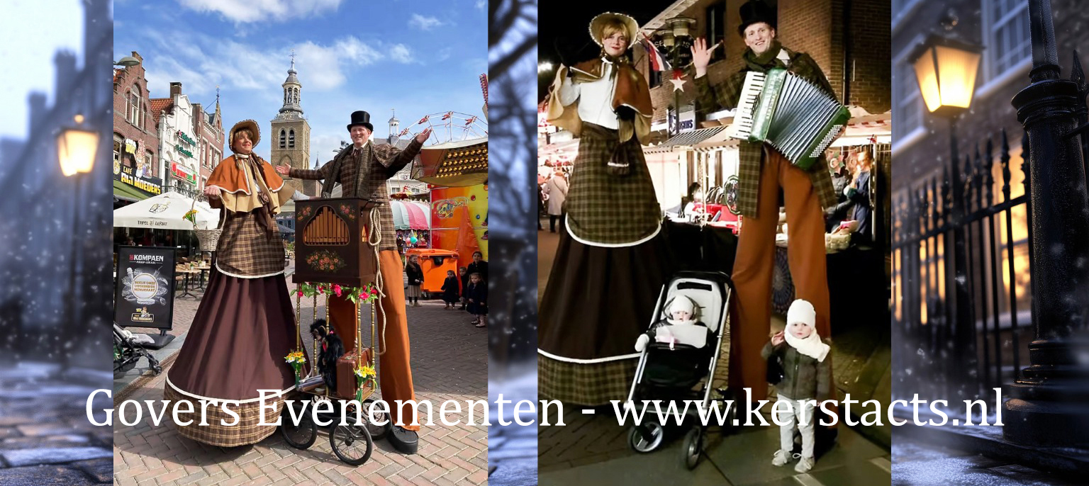 Dickensduo Steltenact met Draaiorgel of Accordeon, te boeken bij Govers Evenementen, www.kerstacts.nl Steltenlopers met kleding uit de 19e eeuw als Charles Dickens Entertainment, steltenact, steltentheater, Charles Dickens Entertainment, artiesten boeken, kerst, kerstentertainment, steltenlopers, www.kerstacts.nl