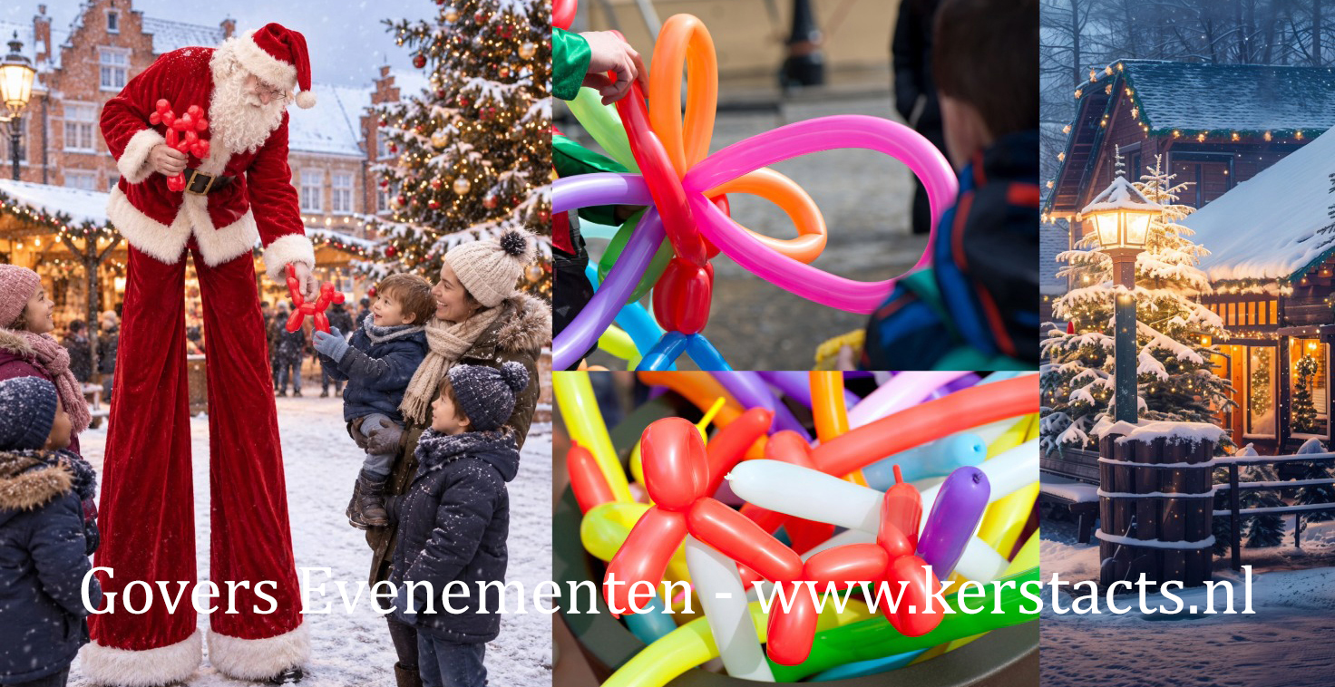 Kerstman met Ballonnen steltenact, te boeken bij Govers Evenementen, www.kerstacts.nl De Kerstman inhuren, kerstman op stelten, Kerstman met ballonnen, ballonnenvouwer op stelten, Santa op stelten, Kerstfeest, kerstentertainment, ballonnen op stelten, kerstmis, december entertainment, artiest inhuren